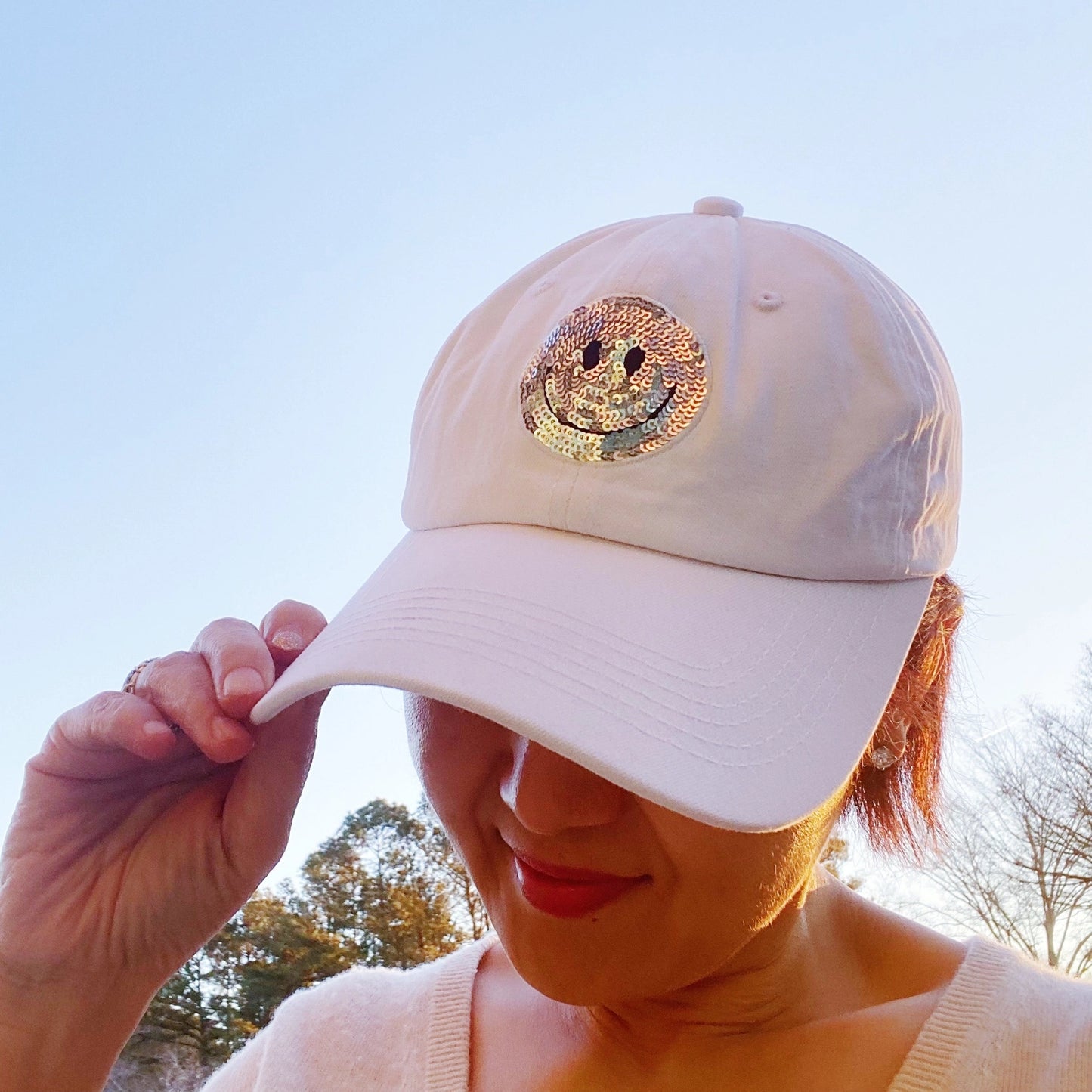 Sequin Patch Happy Ball Cap White