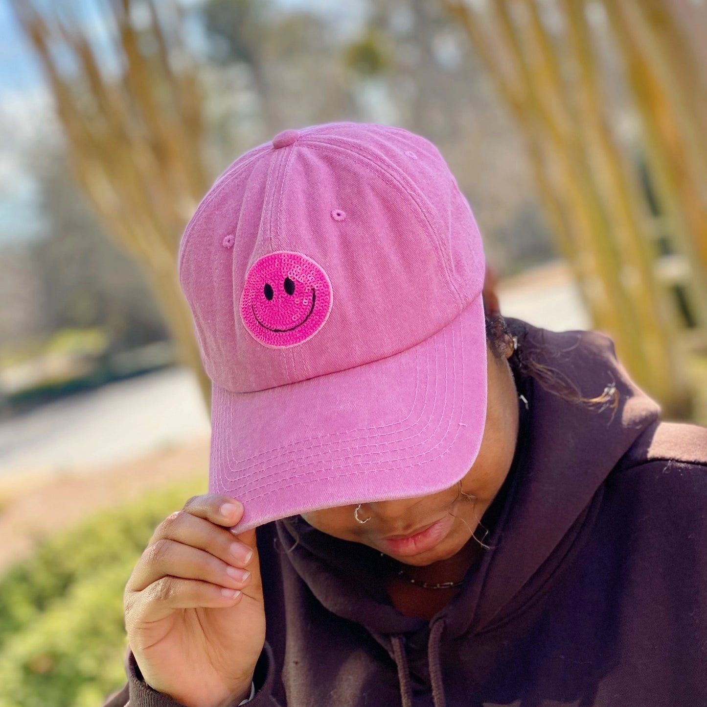 Sequin Patch Happy Ball Cap Pink