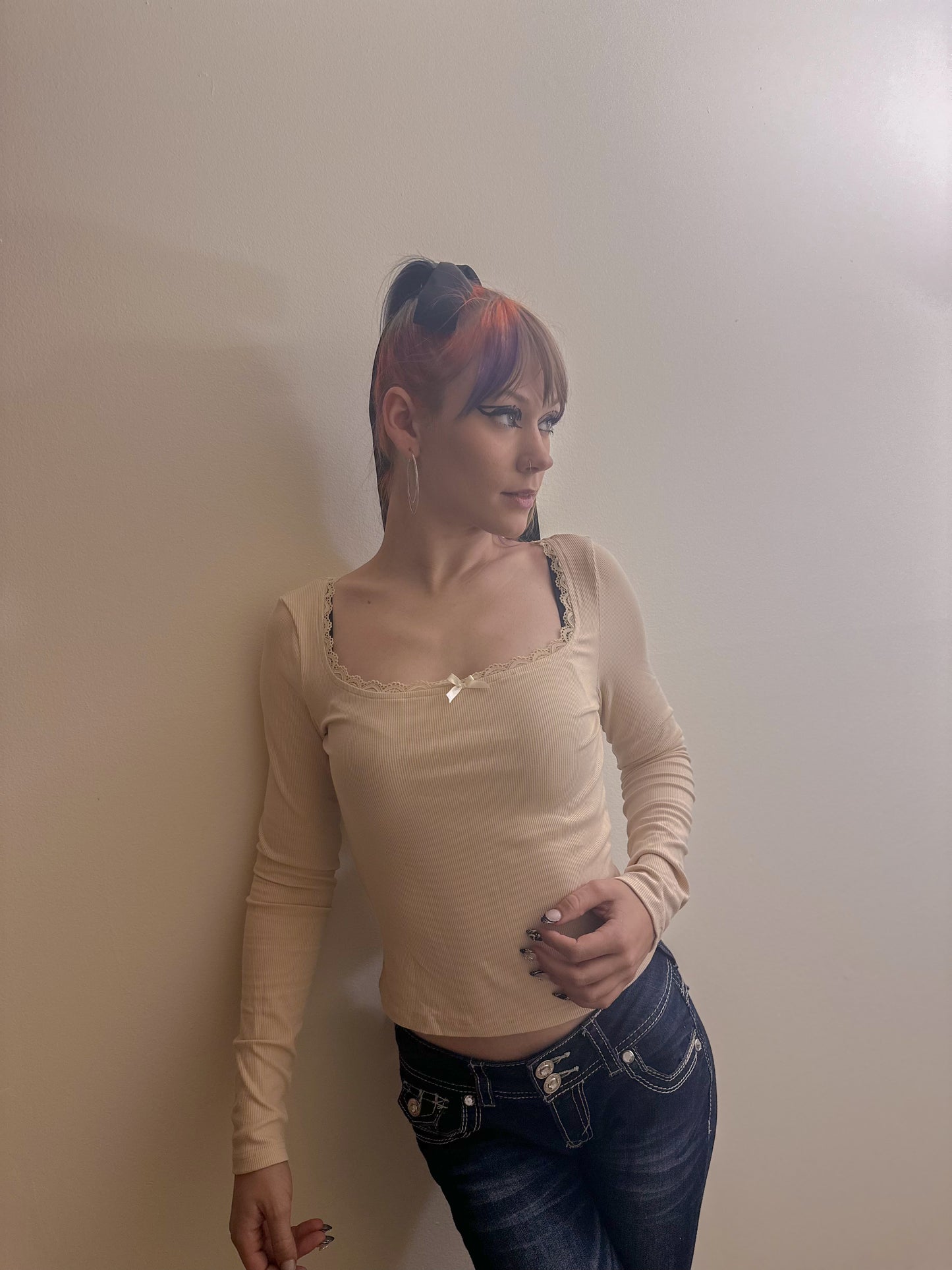 Tan Bow Long-Sleeve