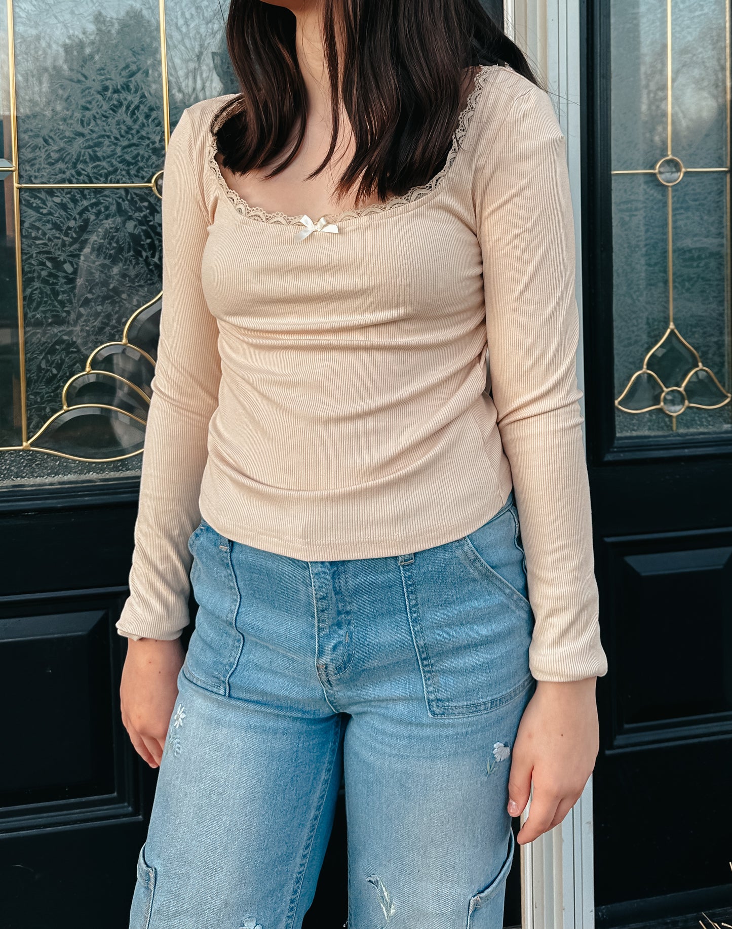 Tan Bow Long-Sleeve